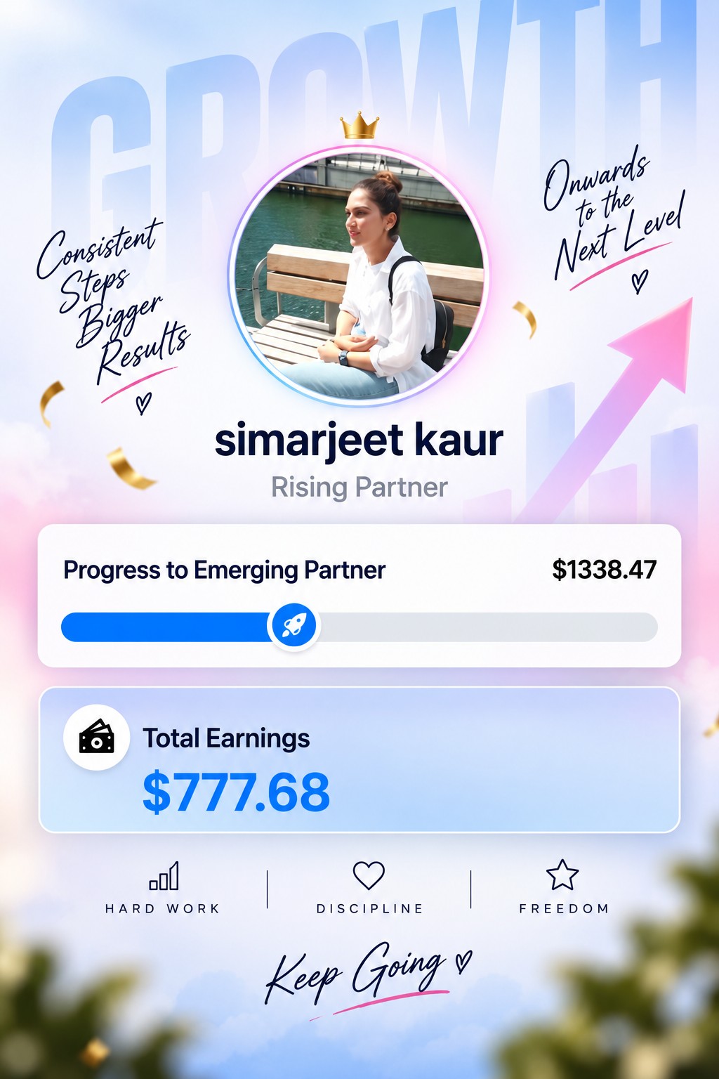 Simran Kaur achievement snapshot showing total earnings of $777.68